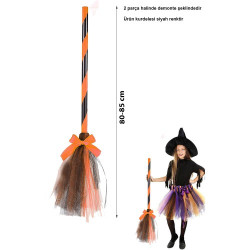 Turuncu Cadı Süpürgesi - Halloween Siyah Fiyonklu Tüllü Cadı Süpürgesi 80-85 cm